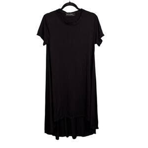 MNML T-Shirt Shift Midi Dress L Black Casual Pullover High Low Hem Short Sleeves